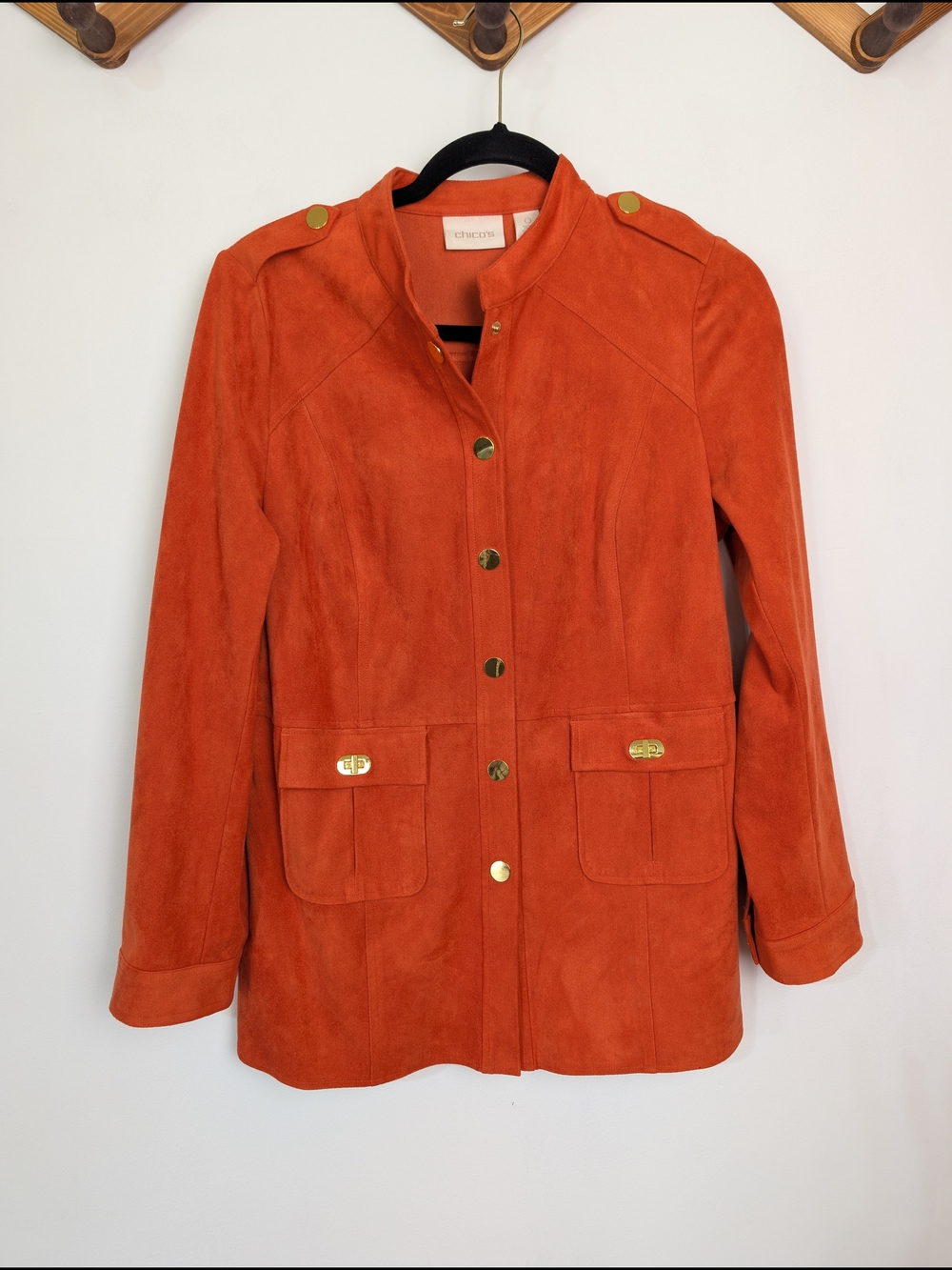 Chico's Women's Faux Suede Utility Jacket Burnt Orange Size 4/S Fall Military